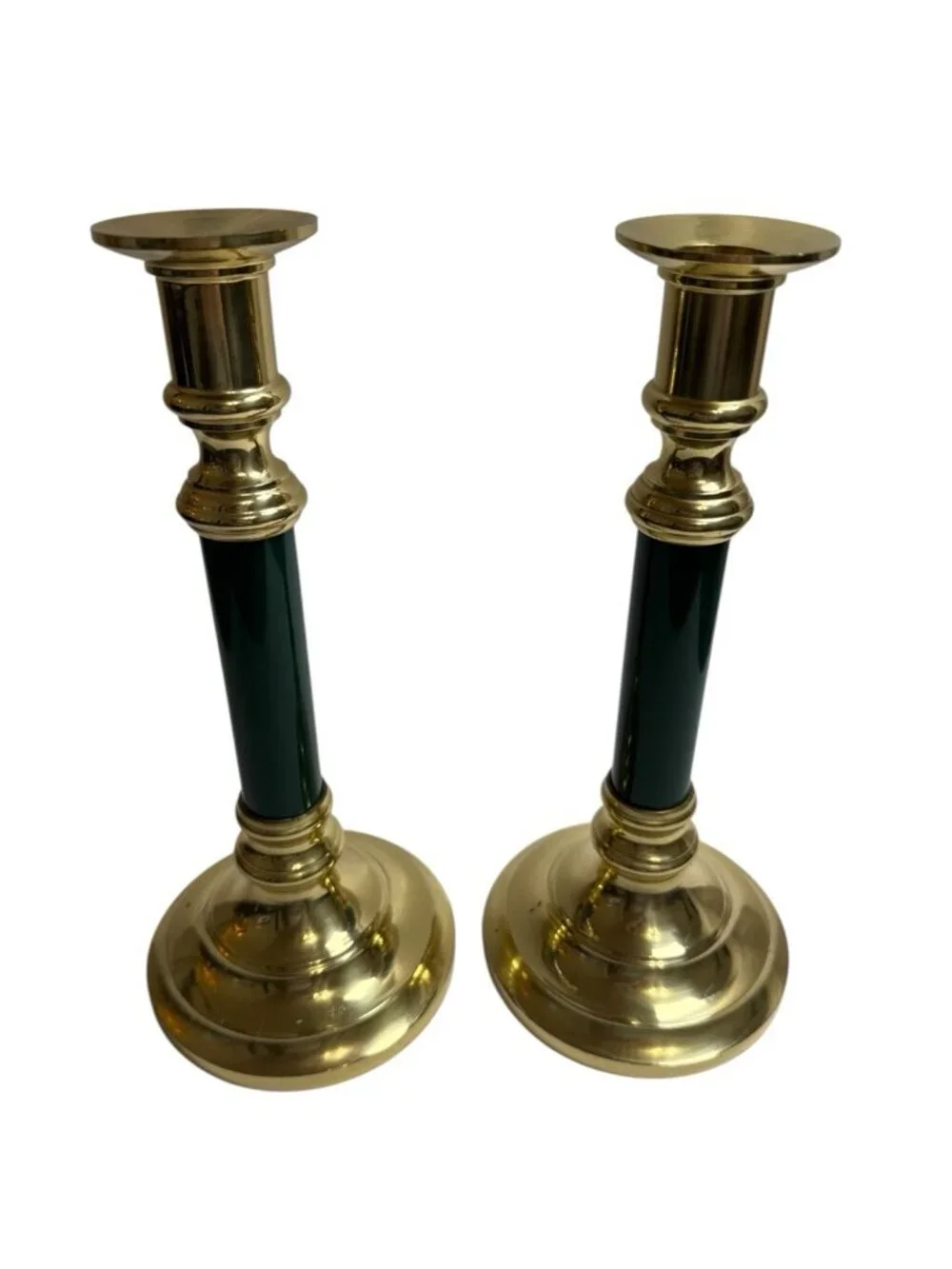 VTG Brass w/ Green Accent Set of 2 Candle Stick Holder 9.5